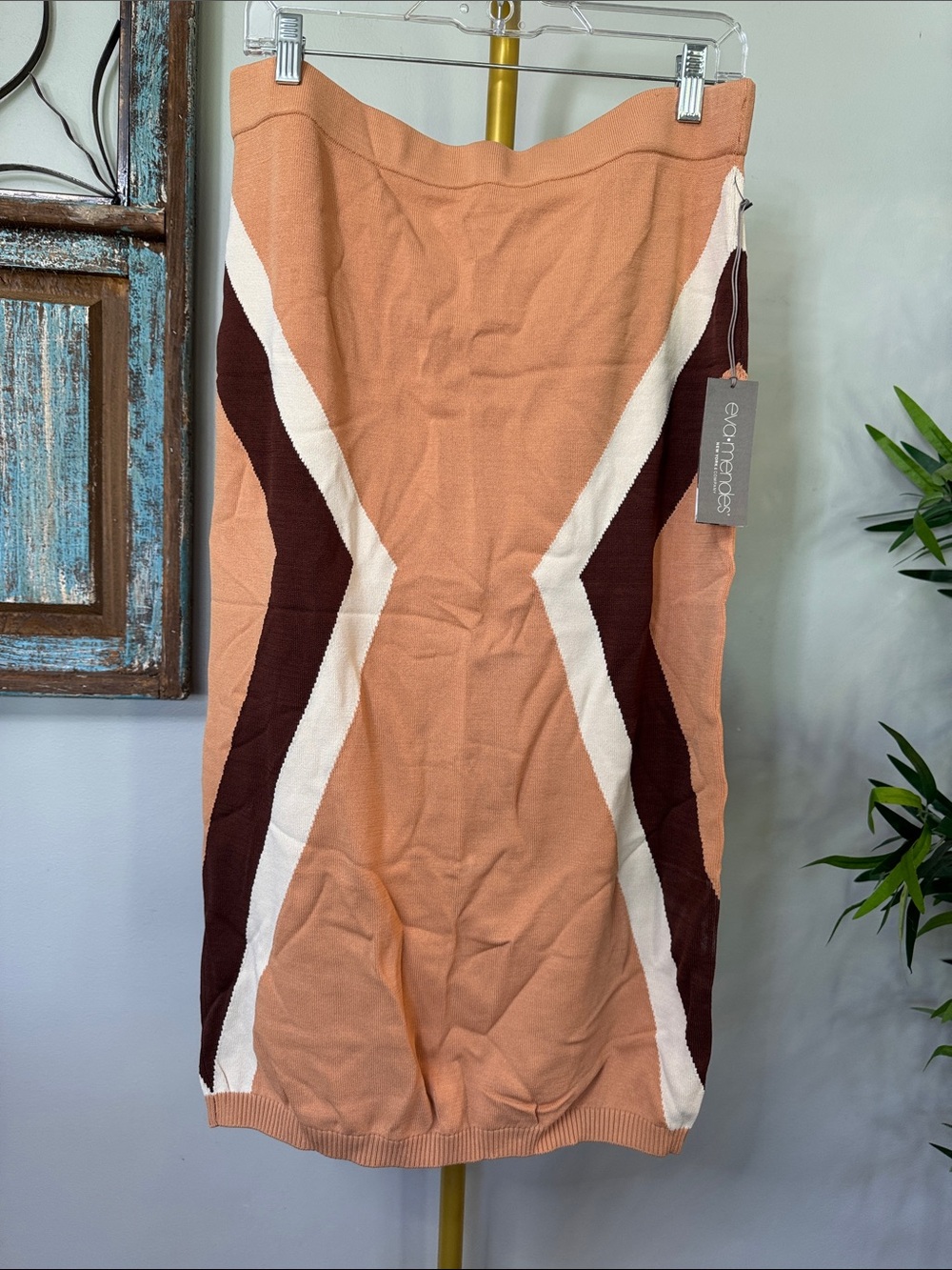 New York & Company tan peach Colorblock Knit pencil skirt geometric NWT L